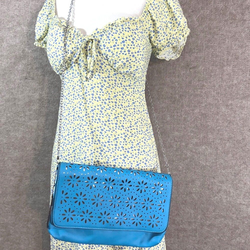 Moda Laser Cut Floral Crossbody Bag Women Blue Faux Leather Boho Festival